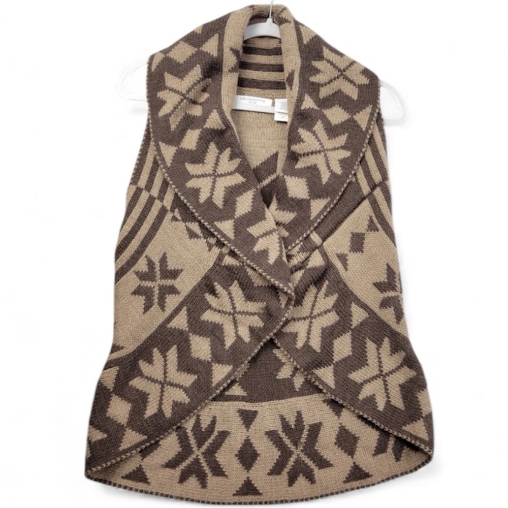 Liz Claiborne Fair Isle Shawl Collar Brown and Tan Patterned Sweater Top